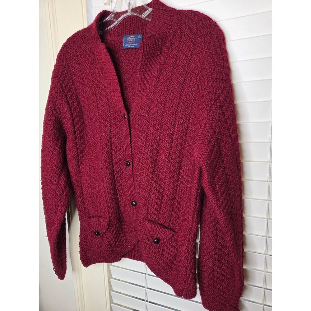VTG Womens Red 100% Wool Shawl Cardigan Sweater L peplum chunky Academia classic - Picture 2 of 11